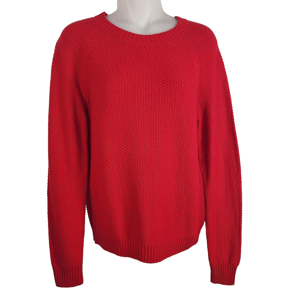 LOFT Womens Pullover Sweater XS Red Crew Neck Waffle Knit Raglan Sleeve Ribbed